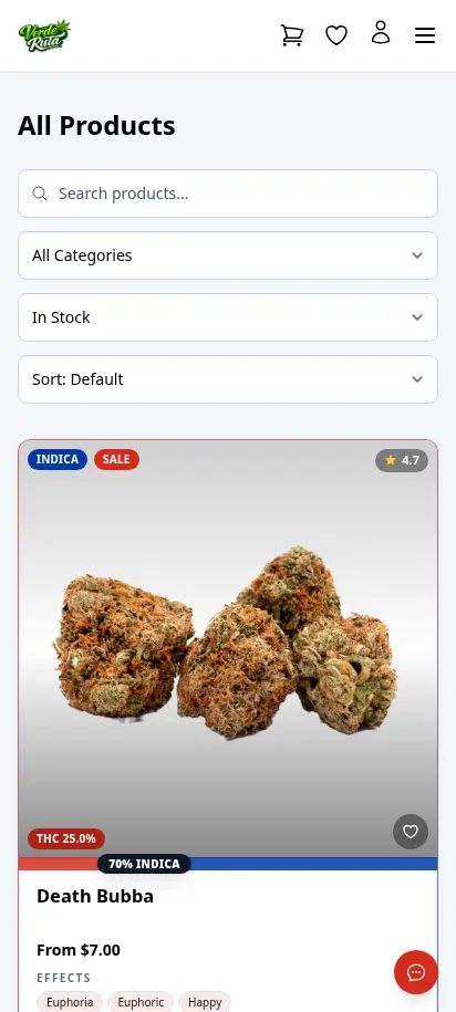 DabDash product catalog with search, category filters, and rich product cards — mobile view