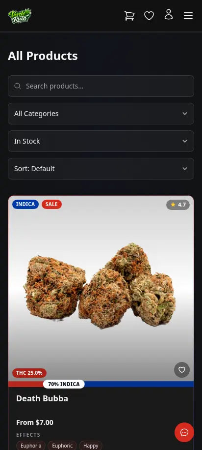 DabDash product catalog with search, category filters, and rich product cards — mobile view