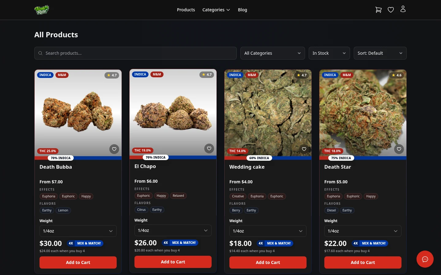 DabDash product catalog with search, category filters, and rich product cards
