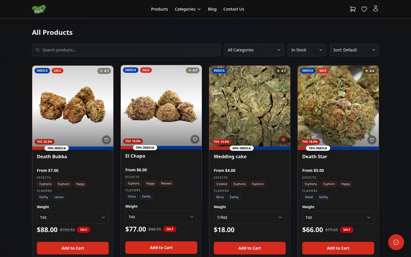 DabDash product catalog with search, category filters, and rich product cards