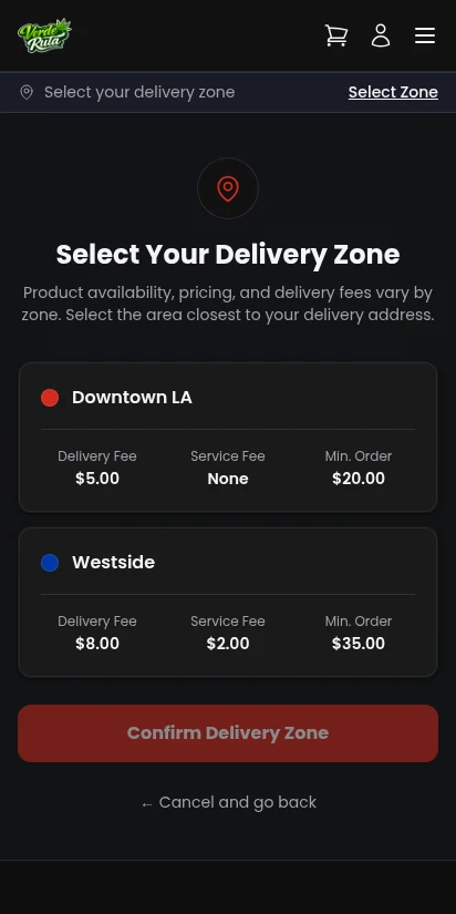 DabDash delivery zone selection page with address input