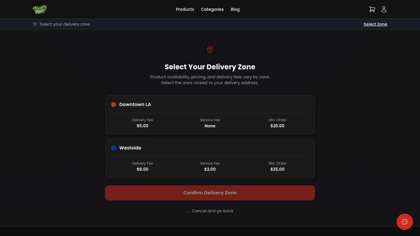 DabDash delivery zone selection page with address input