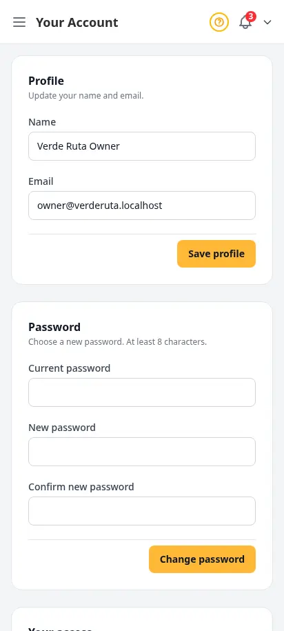 DabDash your account page showing personal profile fields for display name and contact email — mobile view