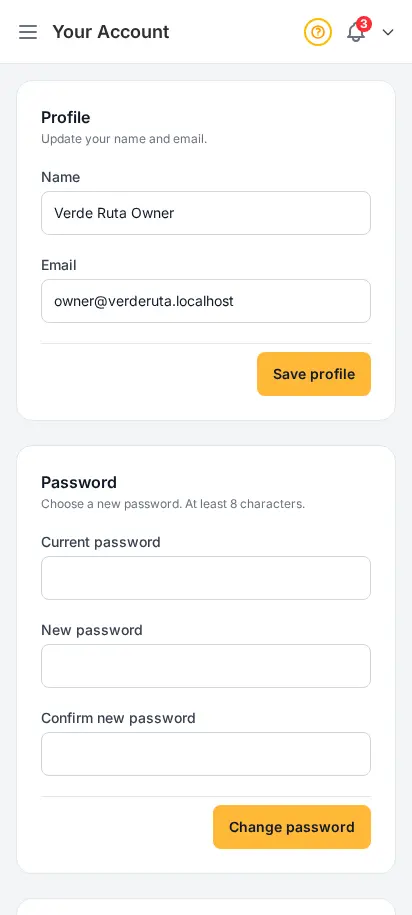 DabDash your account page showing personal profile fields for display name and contact email — mobile view