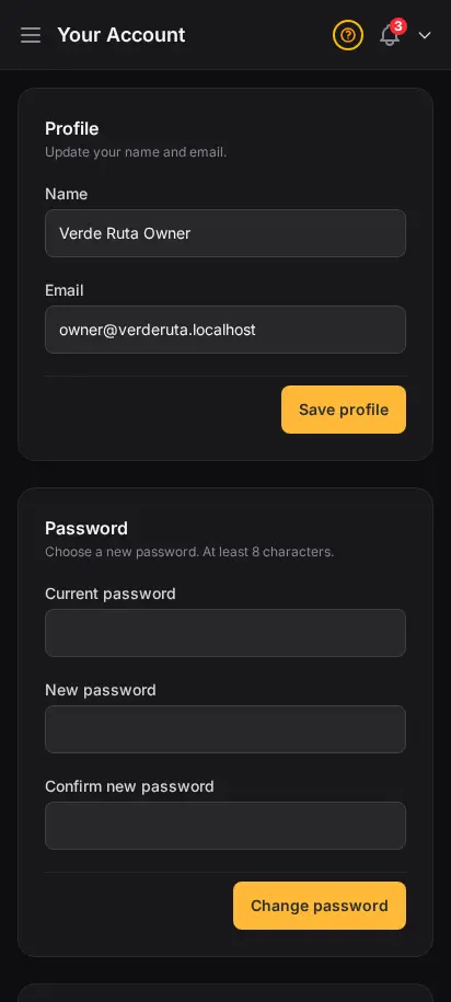 DabDash your account page showing personal profile fields for display name and contact email — mobile view