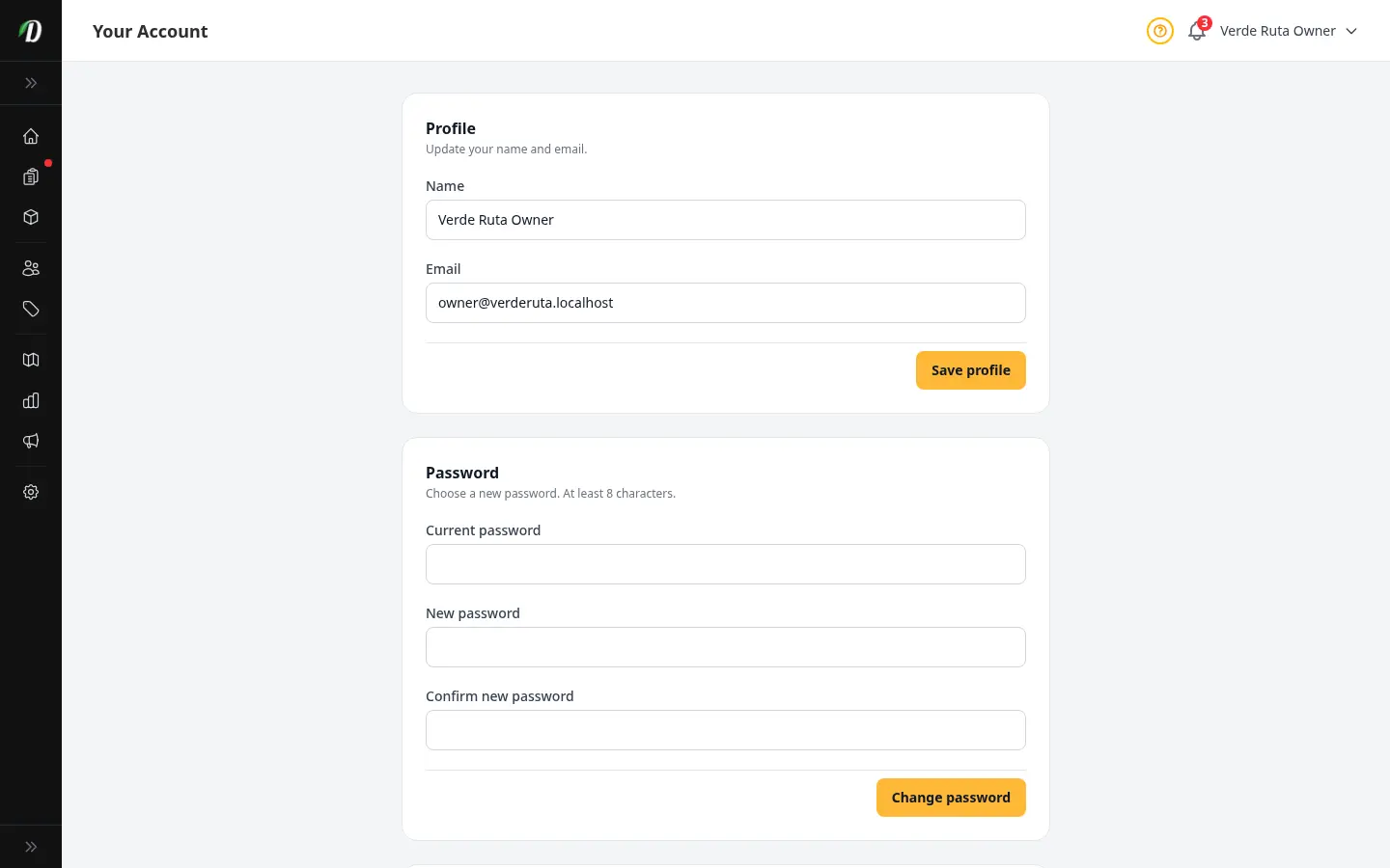 DabDash Your Account page showing the Password section and the Your Access section with role and area chips