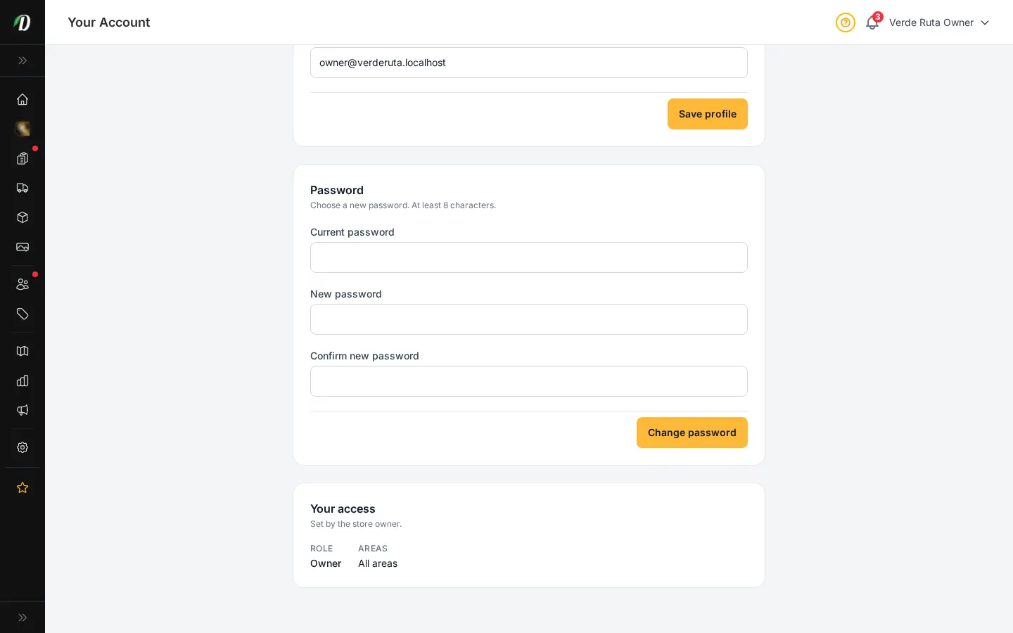 DabDash account access page showing the change password form scoped to the signed-in user