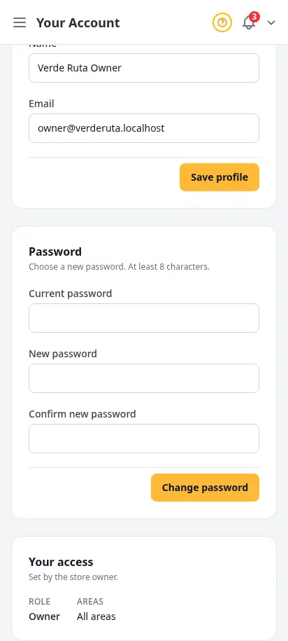 DabDash account access page showing the change password form scoped to the signed-in user — mobile view