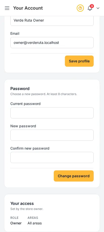 DabDash account access page showing the change password form scoped to the signed-in user — mobile view