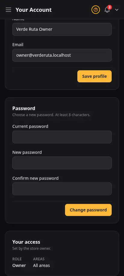 DabDash account access page showing the change password form scoped to the signed-in user — mobile view