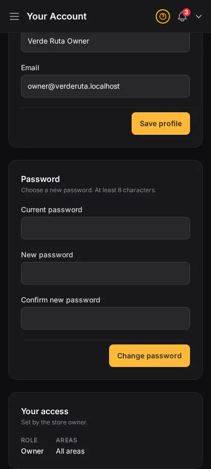 DabDash account access page showing the change password form scoped to the signed-in user — mobile view