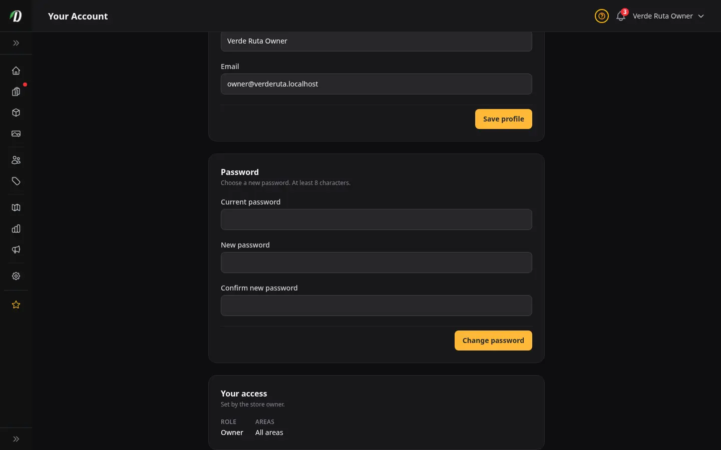 DabDash account access page showing the change password form scoped to the signed-in user