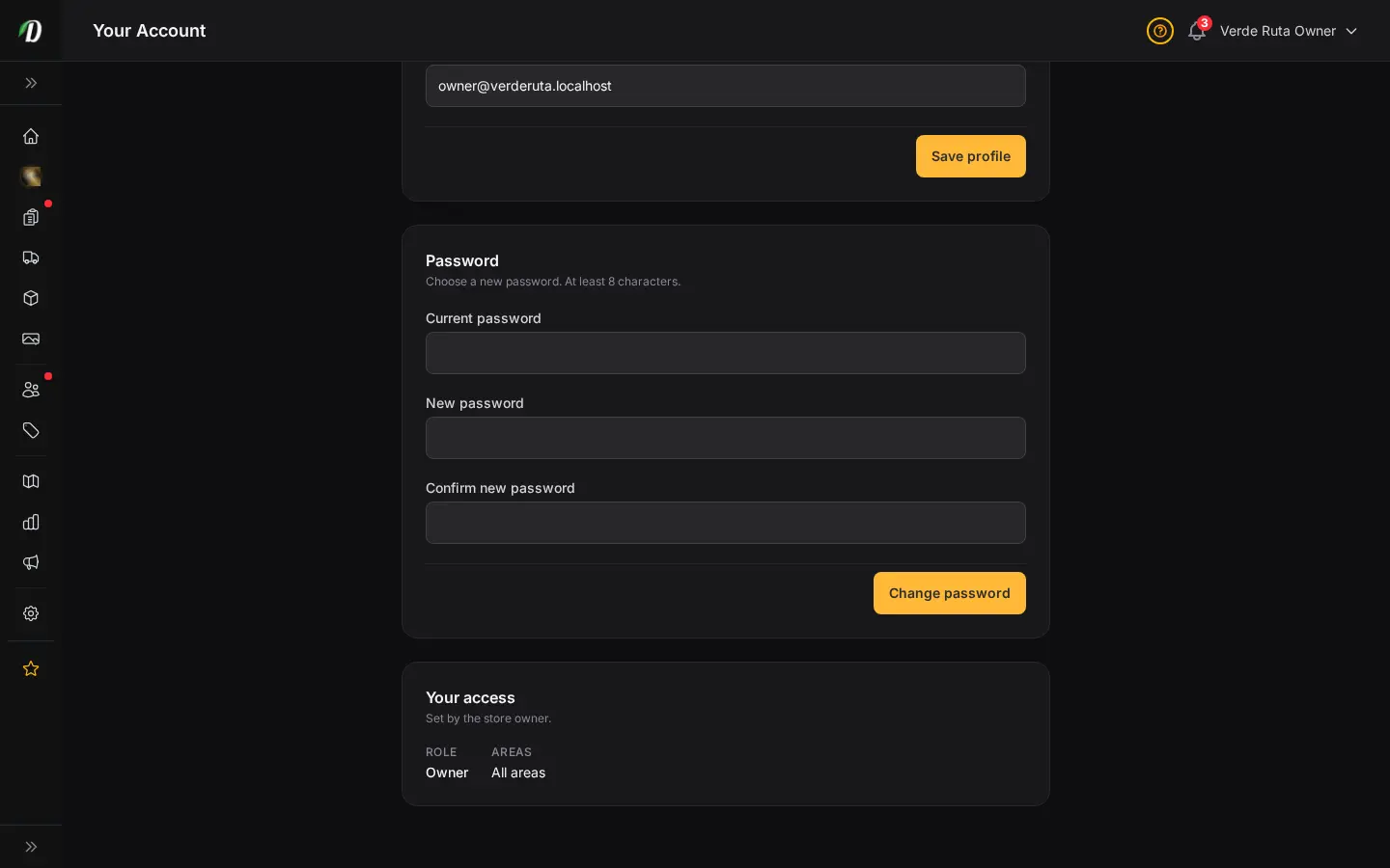 DabDash account access page showing the change password form scoped to the signed-in user