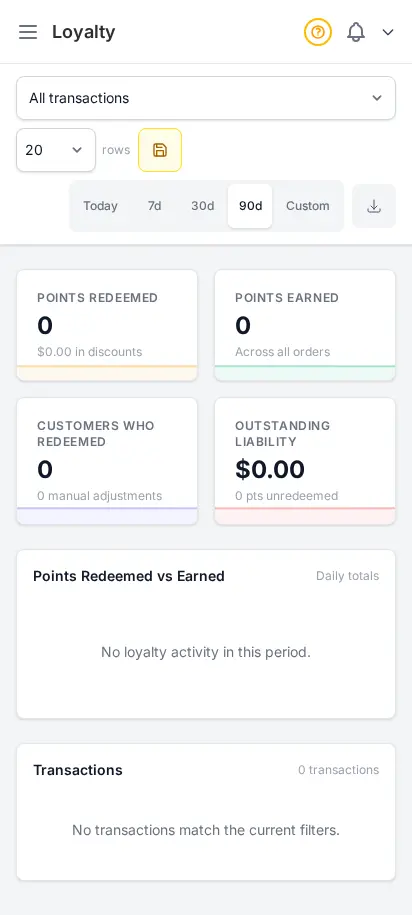 DabDash loyalty report showing points earned, redeemed, and outstanding balances by customer — mobile view