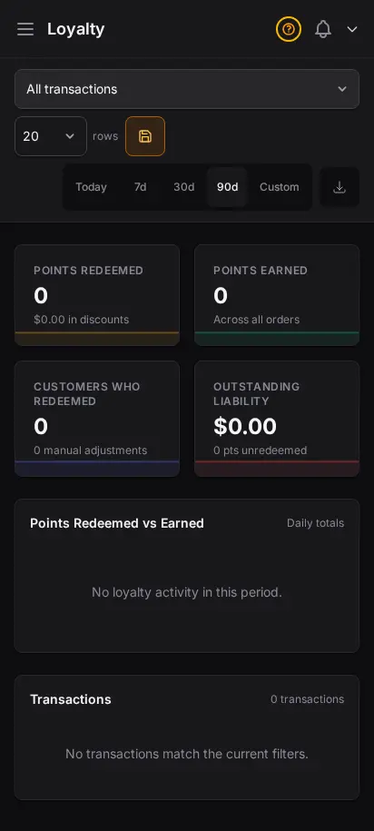 DabDash loyalty report showing points earned, redeemed, and outstanding balances by customer — mobile view