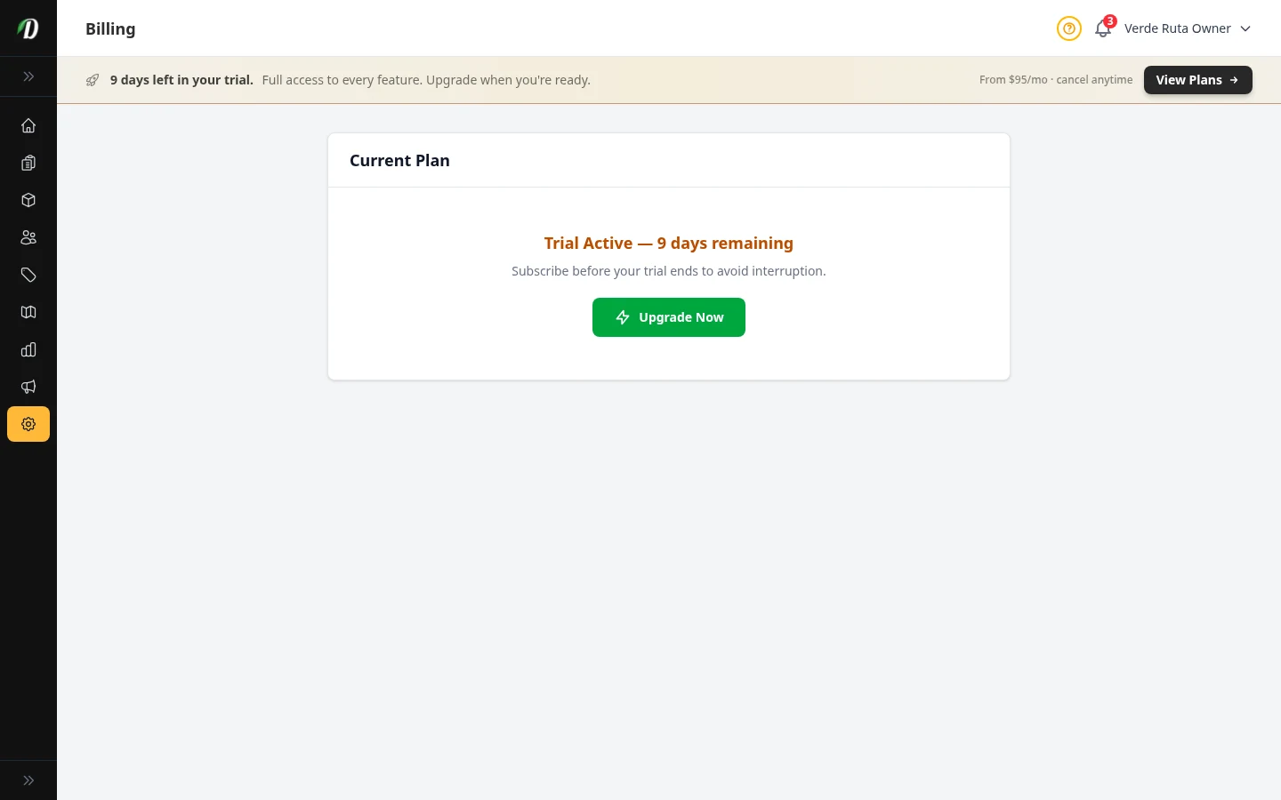 Billing page showing trial days remaining and call to subscribe