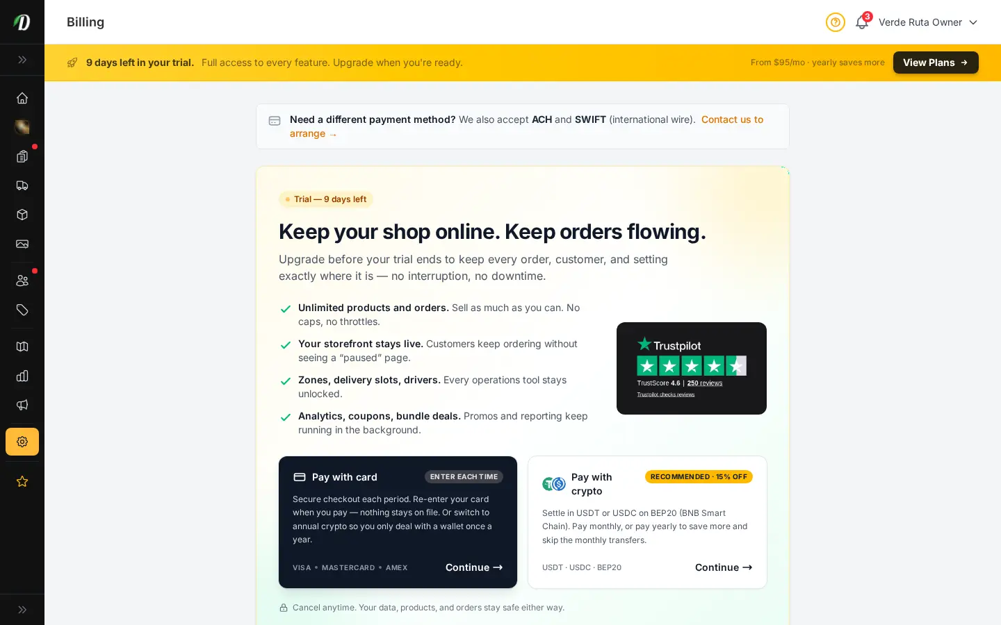 DabDash billing page showing an active free trial with plan details and upgrade options