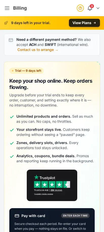 DabDash billing page showing an active free trial with plan details and upgrade options — mobile view