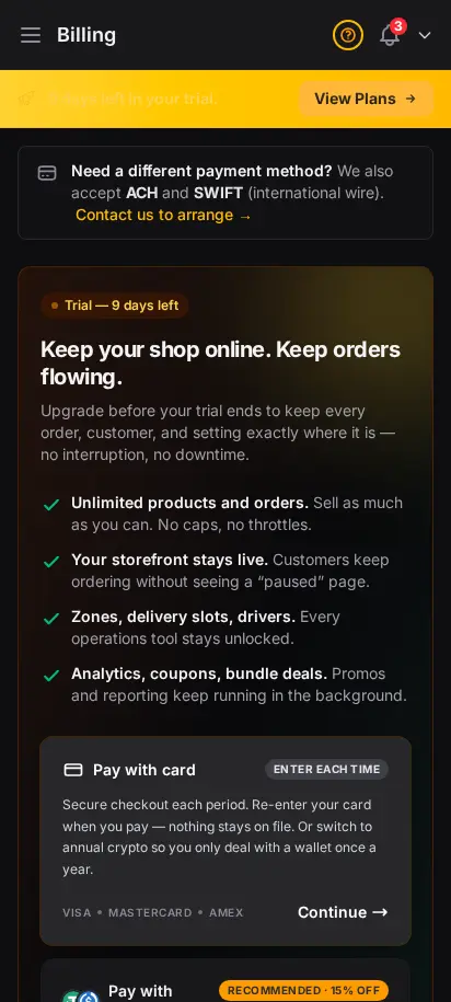 DabDash billing page showing an active free trial with plan details and upgrade options — mobile view