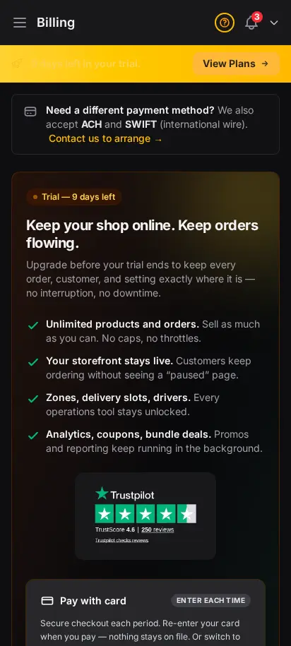 DabDash billing page showing an active free trial with plan details and upgrade options — mobile view