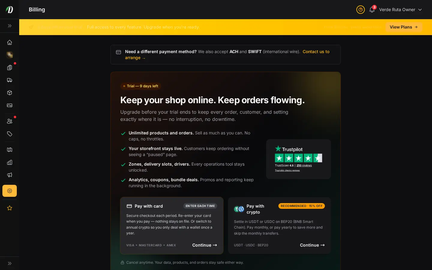 DabDash billing page showing an active free trial with plan details and upgrade options