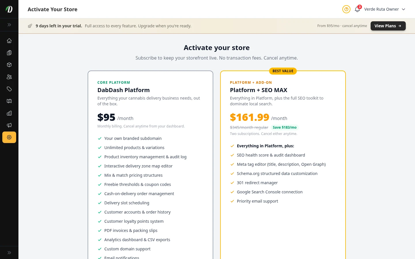 Billing subscribe page with plan cards and checkout buttons