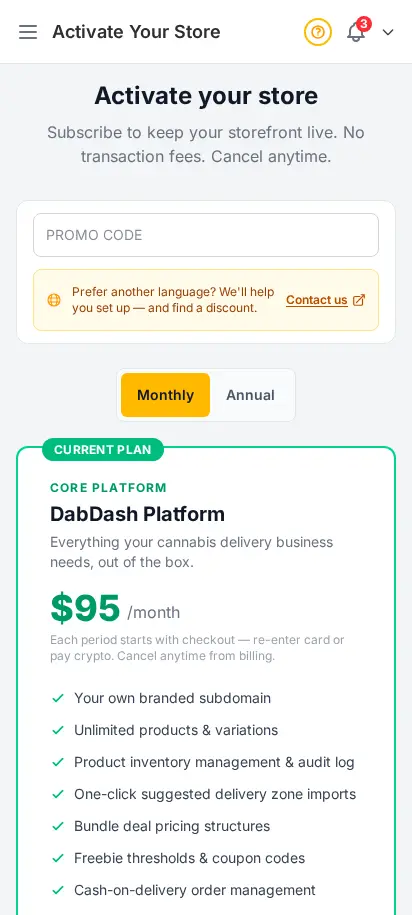 DabDash subscribe page showing plan cards, promo code field, and secure checkout buttons — mobile view