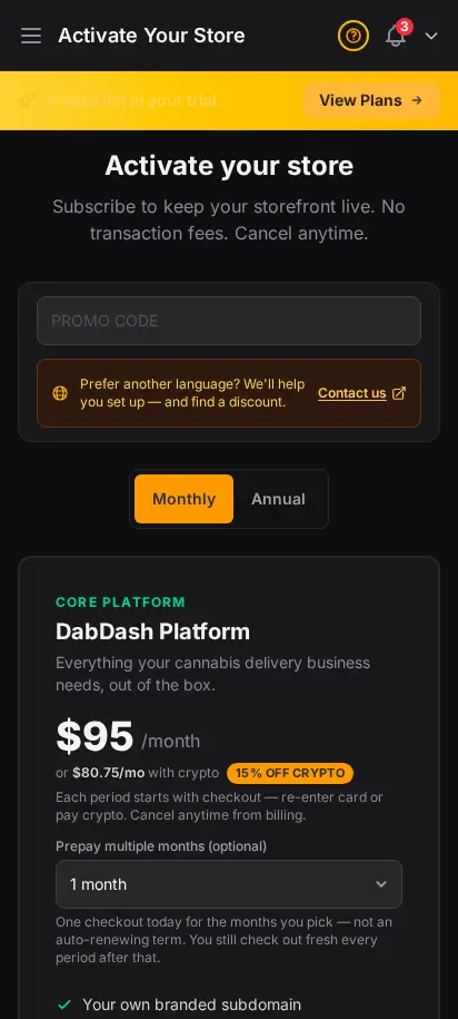 DabDash subscribe page showing plan cards, promo code field, and secure checkout buttons — mobile view