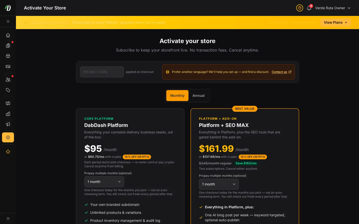 DabDash subscribe page showing plan cards, promo code field, and secure checkout buttons