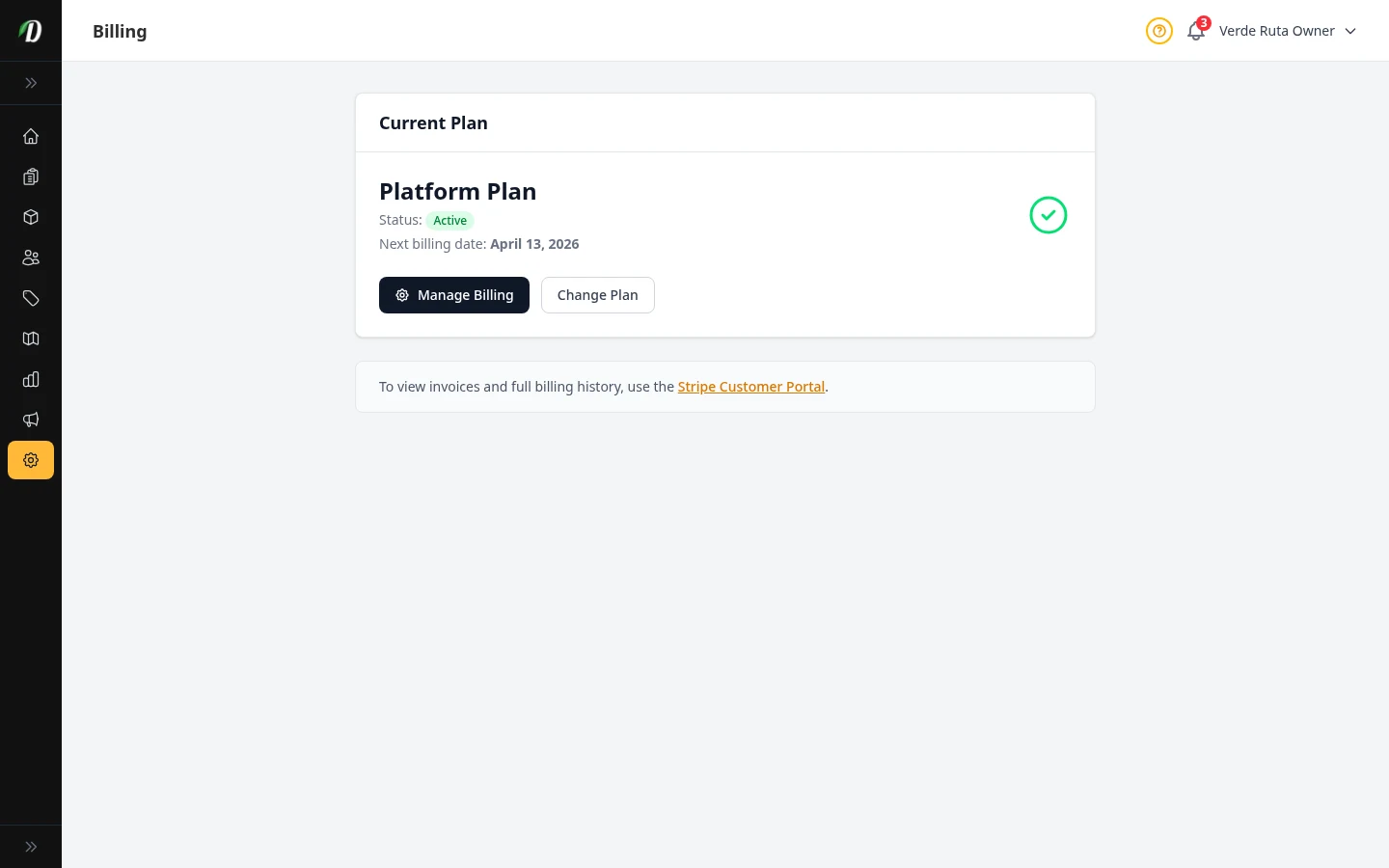 DabDash billing page showing an active paid subscription with renewal details and payment status