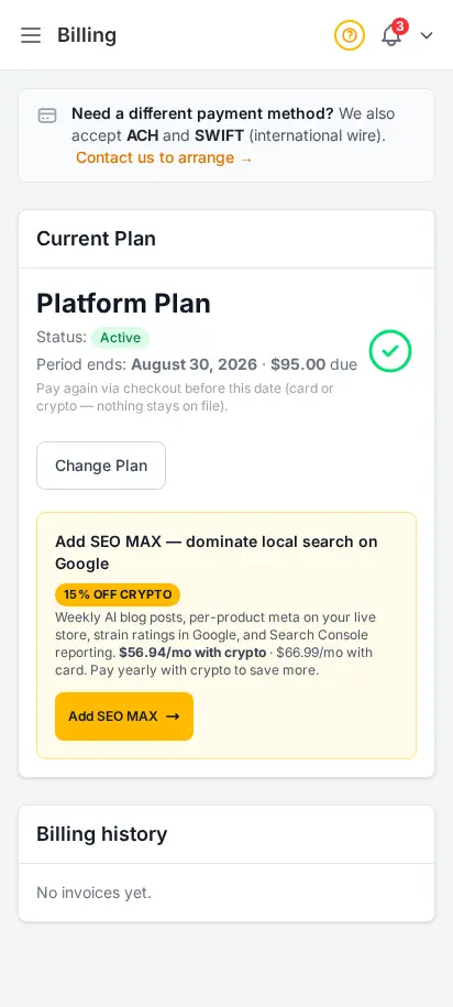 DabDash billing page showing an active paid subscription with renewal details and payment status — mobile view