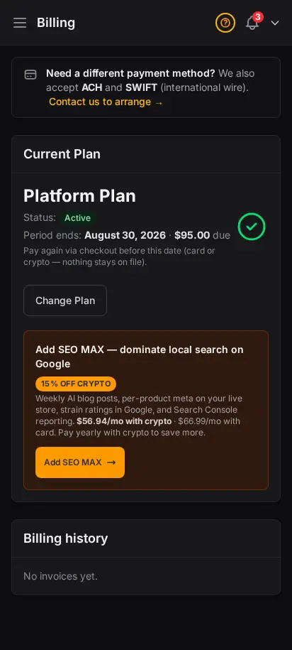 DabDash billing page showing an active paid subscription with renewal details and payment status — mobile view