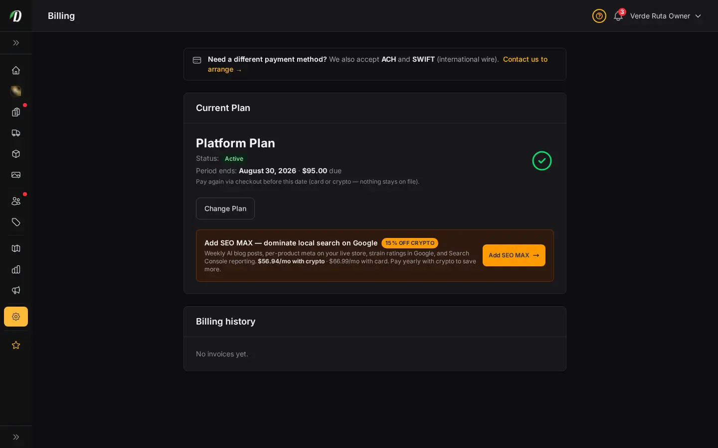 DabDash billing page showing an active paid subscription with renewal details and payment status