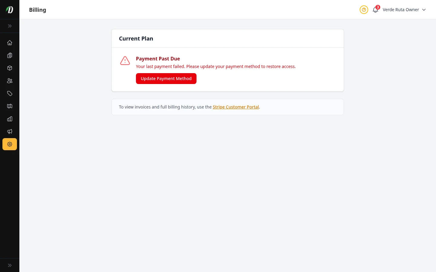 Billing page with past due warning and update payment method action