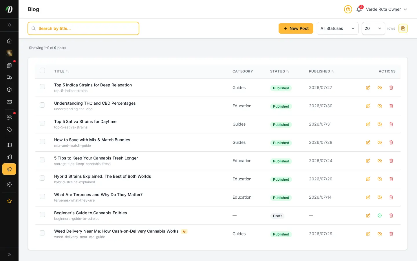 DabDash blog page showing published posts with titles, images, and status badges