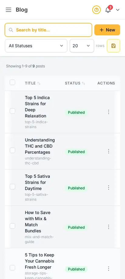 DabDash blog page showing published posts with titles, images, and status badges — mobile view