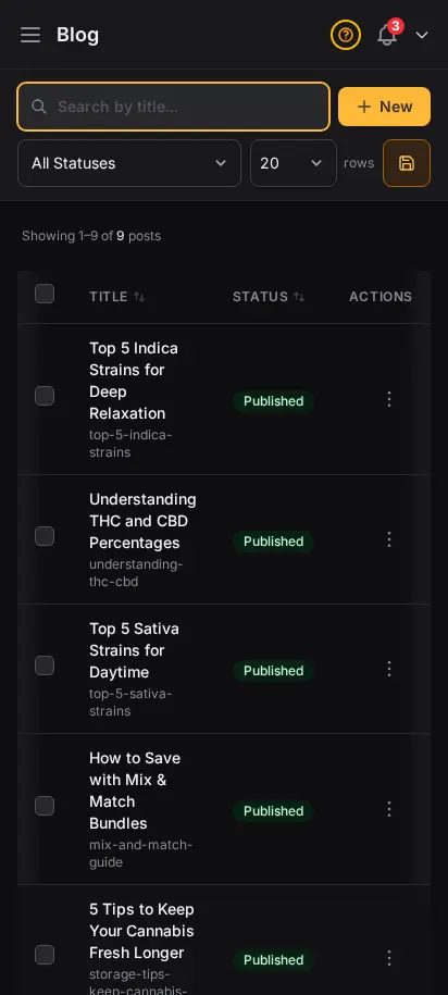 DabDash blog page showing published posts with titles, images, and status badges — mobile view