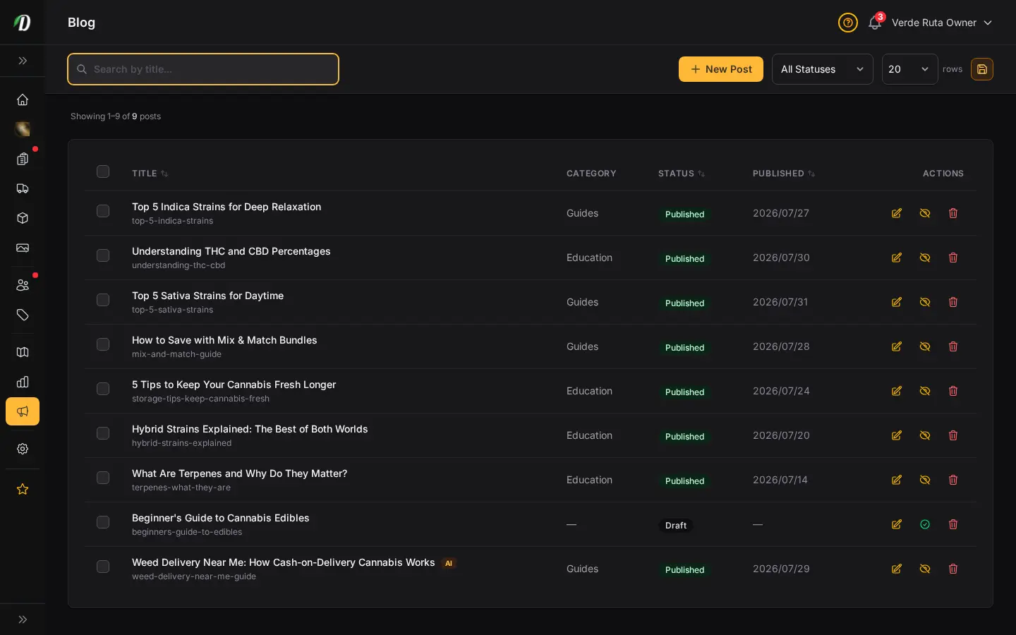 DabDash blog page showing published posts with titles, images, and status badges