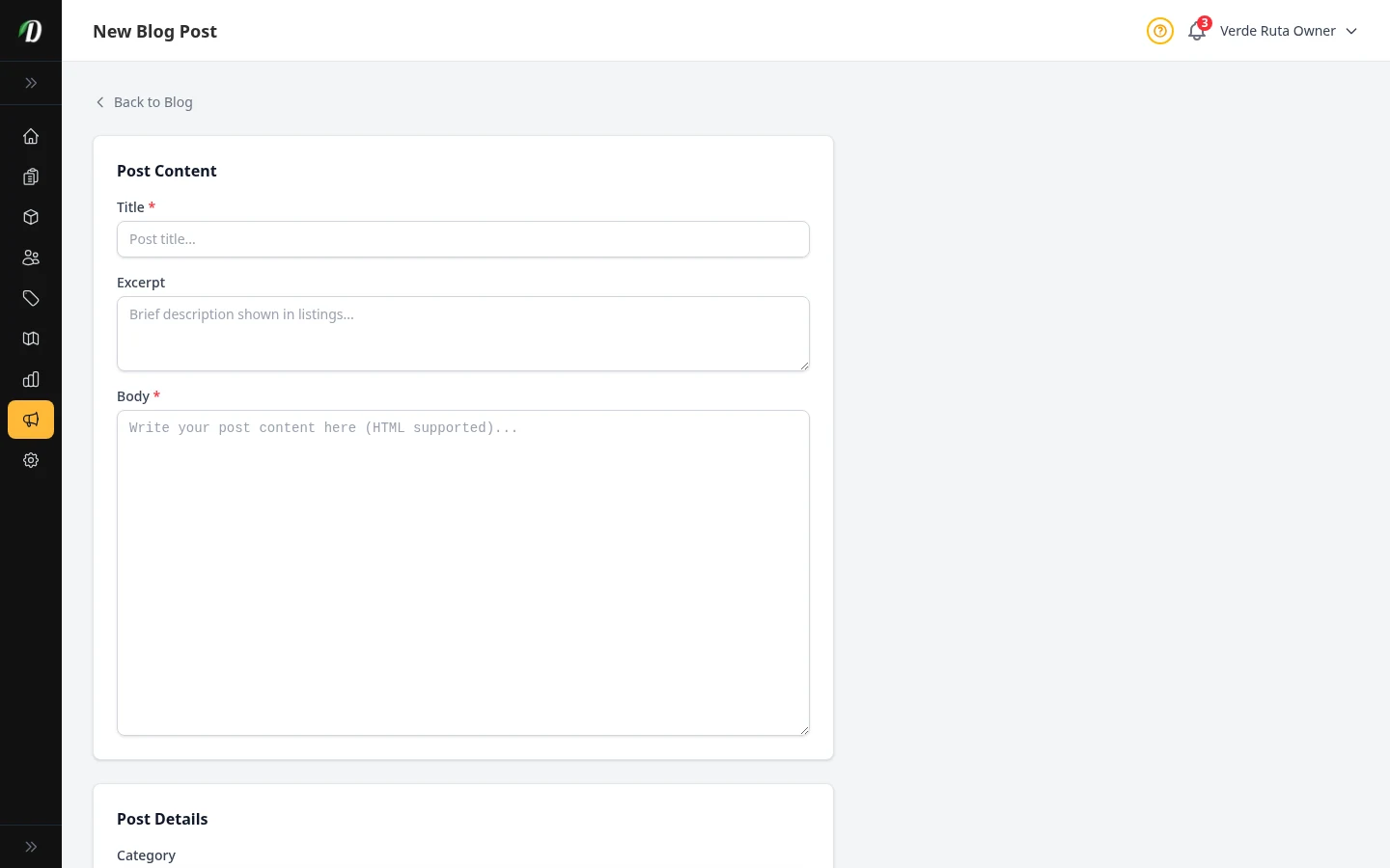 DabDash new blog post form showing fields for title, URL text, category, status, publish date, content, and SEO settings