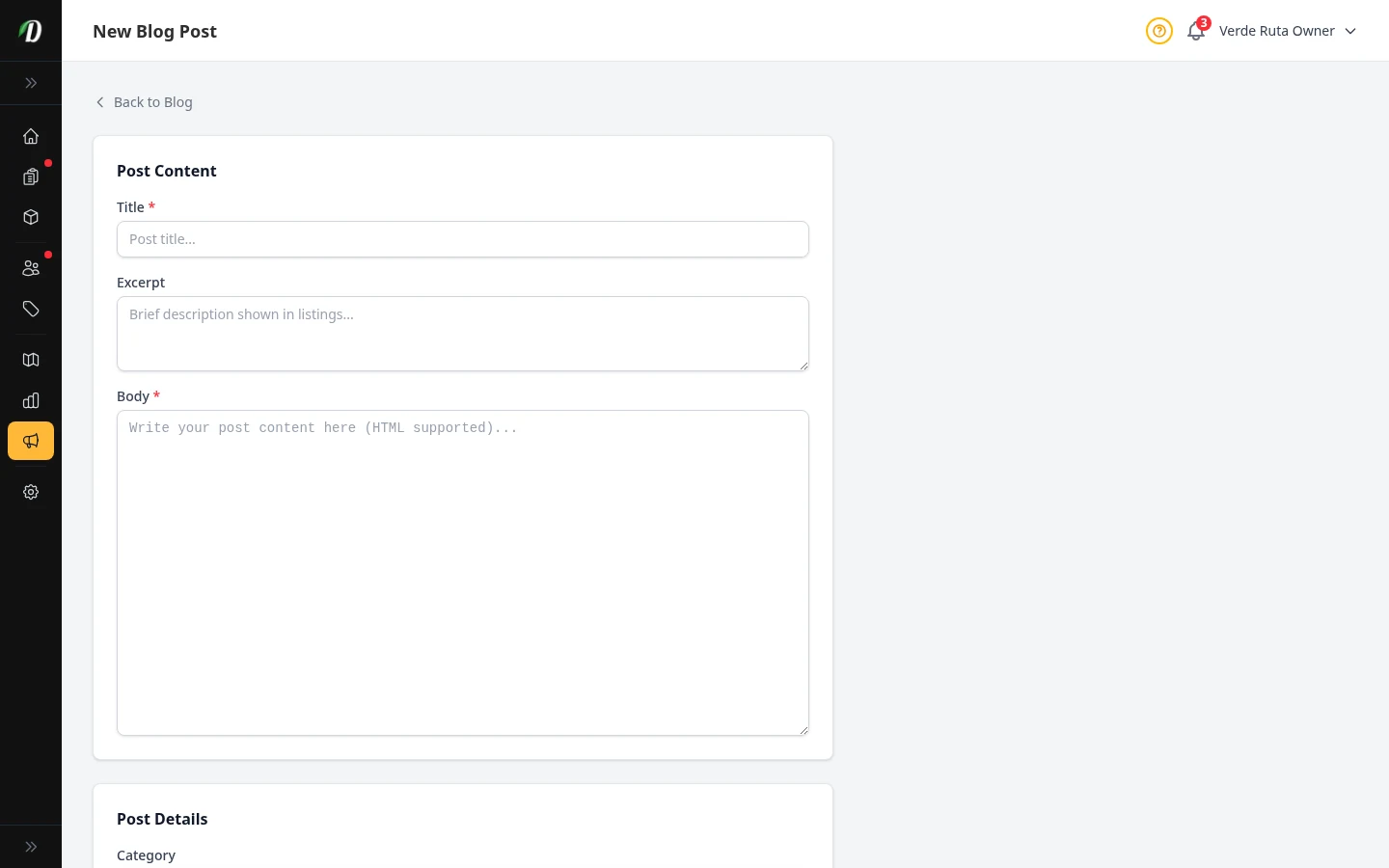 DabDash new blog post form showing fields for title, URL text, category, status, publish date, content, and SEO settings