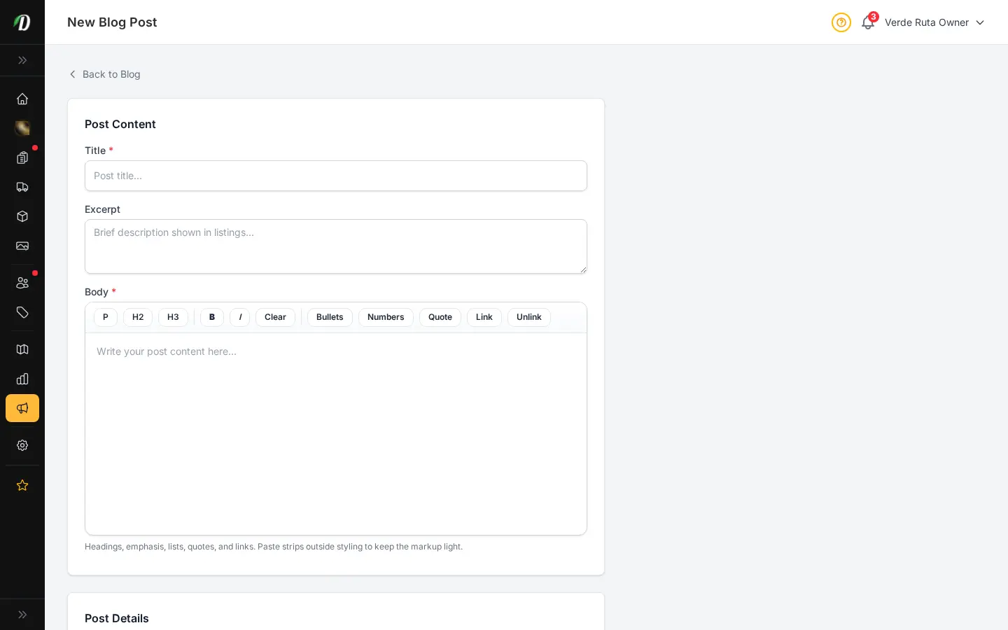 DabDash add blog post form showing title, article body, and publish controls