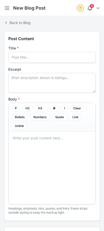 DabDash add blog post form showing title, article body, and publish controls — mobile view