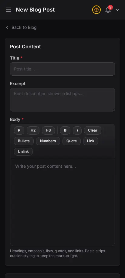 DabDash add blog post form showing title, article body, and publish controls — mobile view