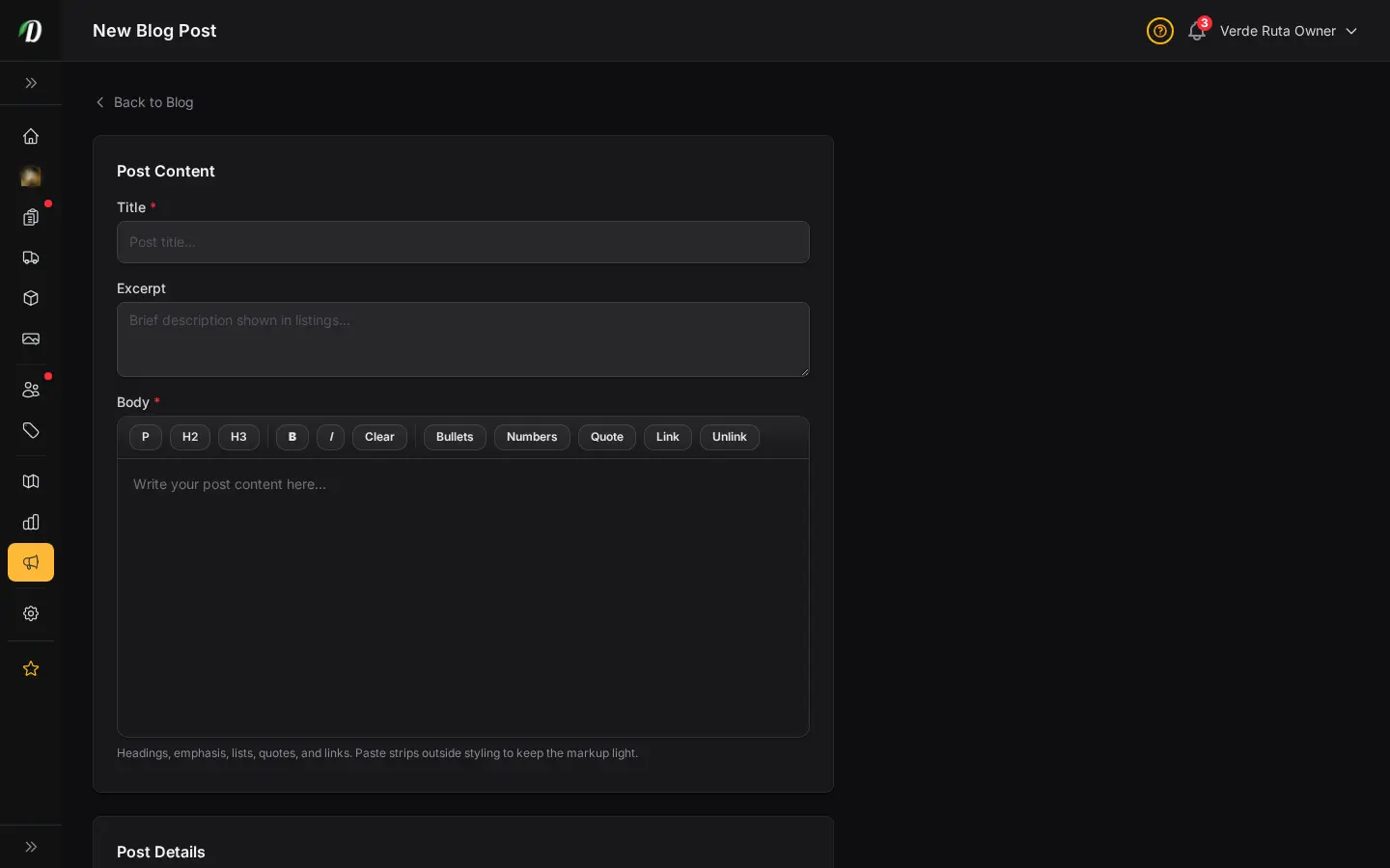 DabDash add blog post form showing title, article body, and publish controls