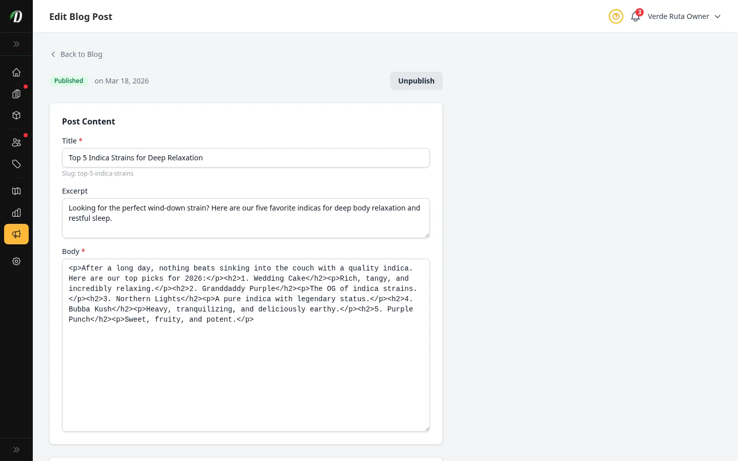 DabDash edit blog post form showing the same fields as create with existing content pre-filled