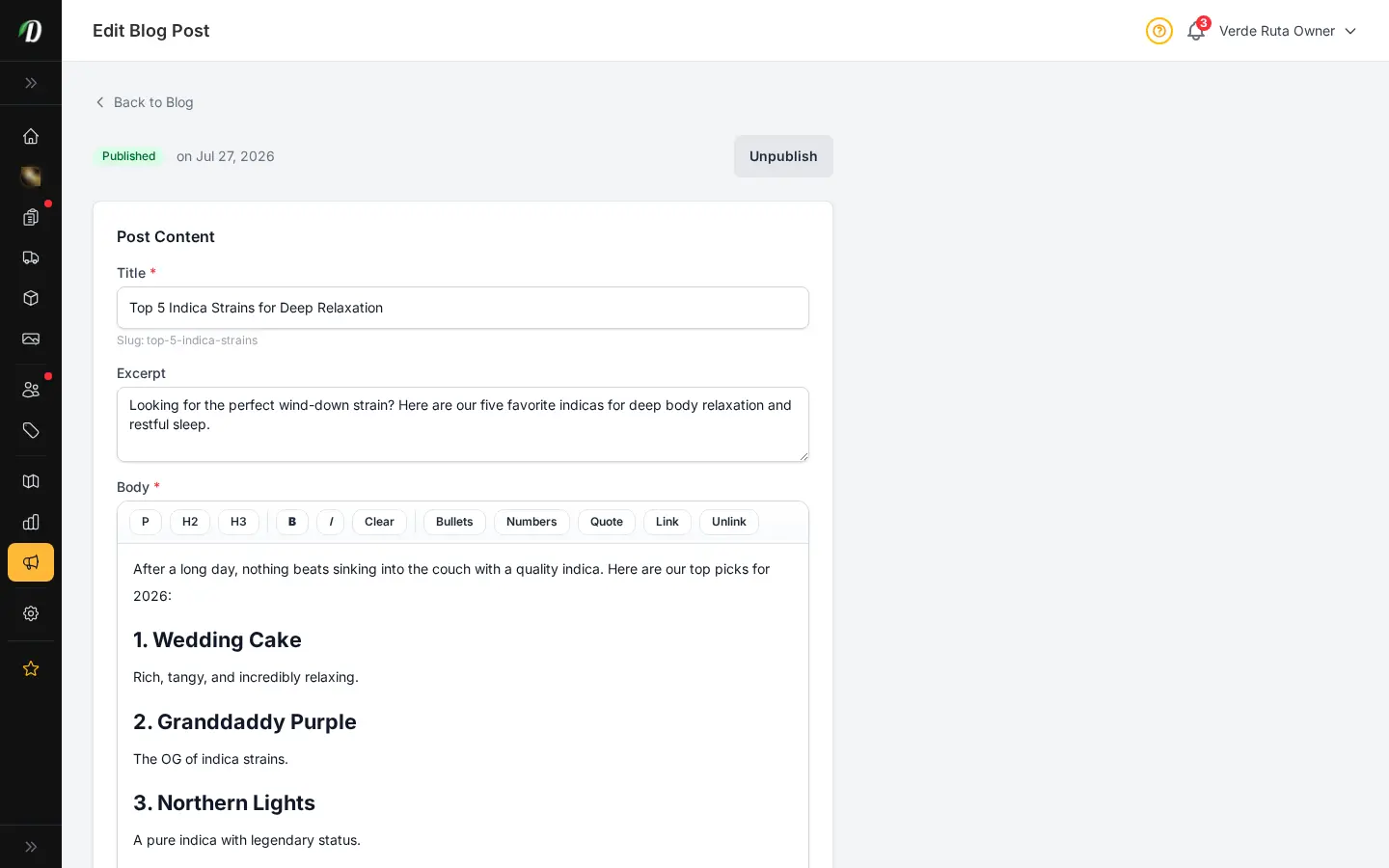 DabDash blog editor showing a saved post with content, SEO fields, and publish settings