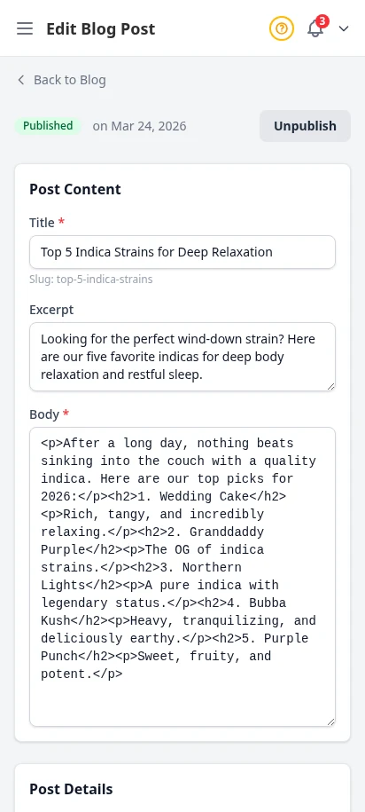 DabDash blog editor showing a saved post with content, SEO fields, and publish settings — mobile view