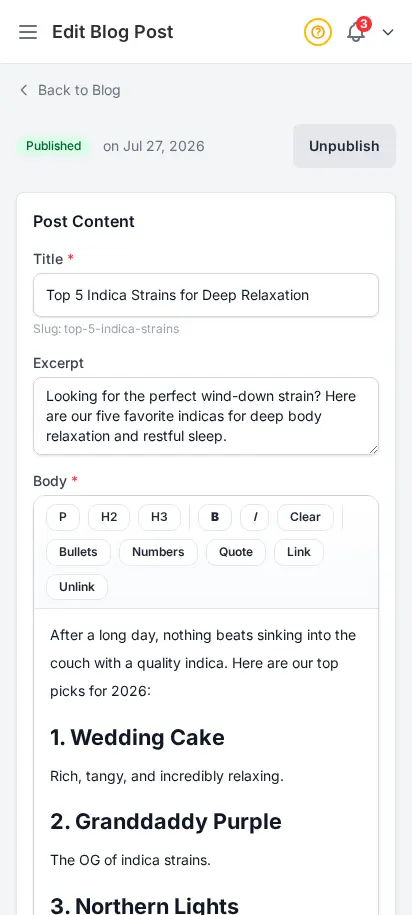 DabDash blog editor showing a saved post with content, SEO fields, and publish settings — mobile view