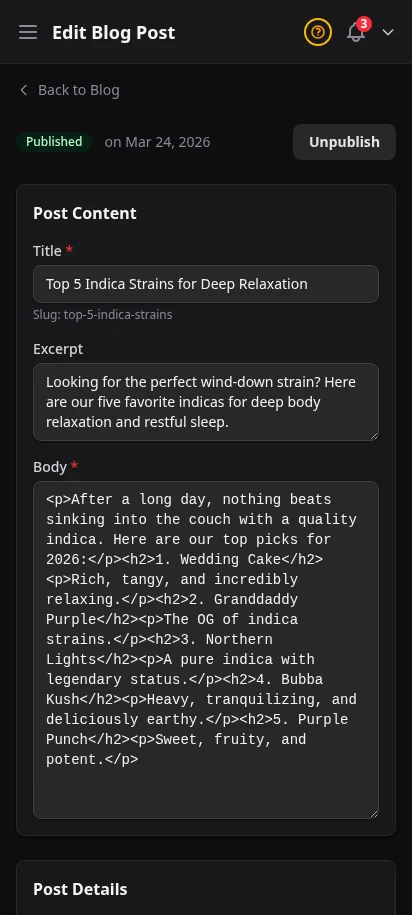 DabDash blog editor showing a saved post with content, SEO fields, and publish settings — mobile view