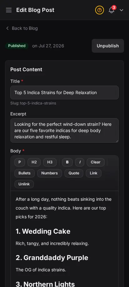 DabDash blog editor showing a saved post with content, SEO fields, and publish settings — mobile view